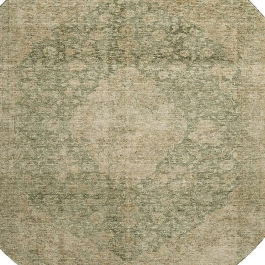 8' Artichoke Green Beige And Tan Medallion Washable Round Rug With UV Protection Photo 2