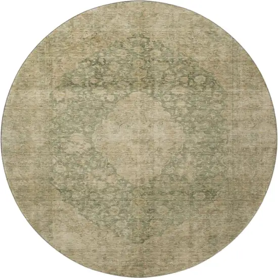 8' Artichoke Green Beige And Tan Medallion Washable Round Rug With UV Protection Photo 3