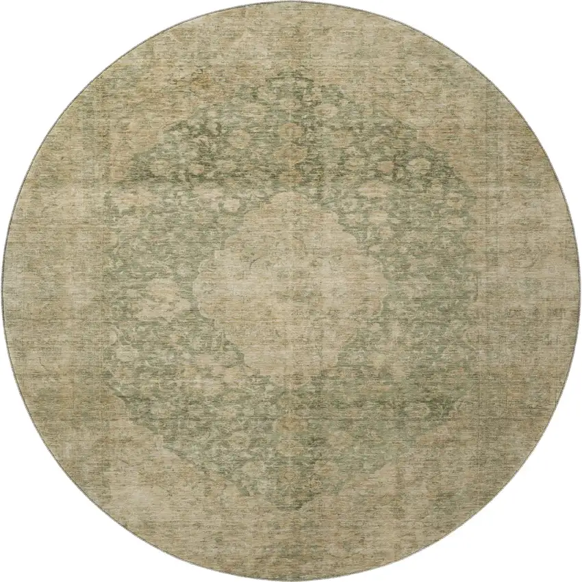 8' Artichoke Green Beige And Tan Medallion Washable Round Rug With UV Protection Photo 3