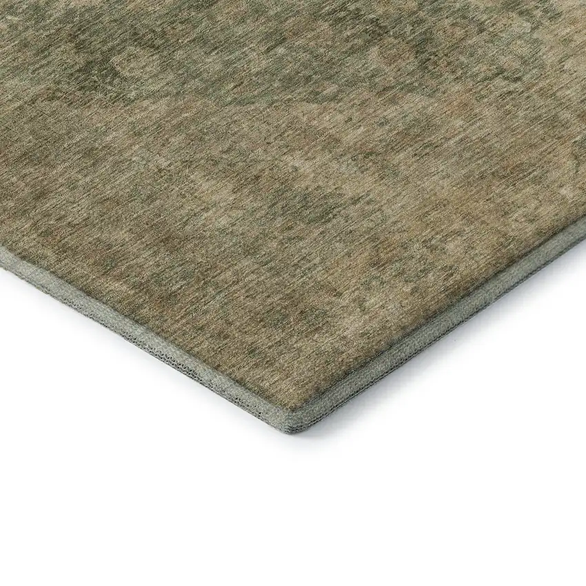 8' Artichoke Green Beige And Tan Medallion Washable Round Rug With UV Protection Photo 6