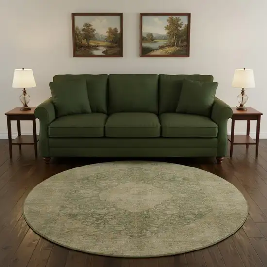 8' Artichoke Green Beige And Tan Medallion Washable Round Rug With UV Protection Photo 2