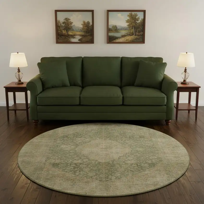 8' Artichoke Green Beige And Tan Medallion Washable Round Rug With UV Protection Photo 2