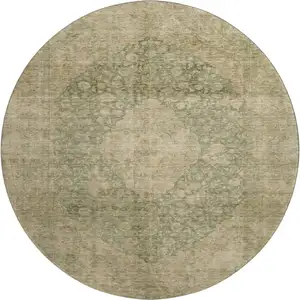 Photo of 8' Artichoke Green Beige And Tan Medallion Washable Round Rug With UV Protection