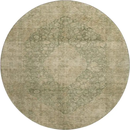 8' Artichoke Green Beige And Tan Medallion Washable Round Rug With UV Protection Photo 1