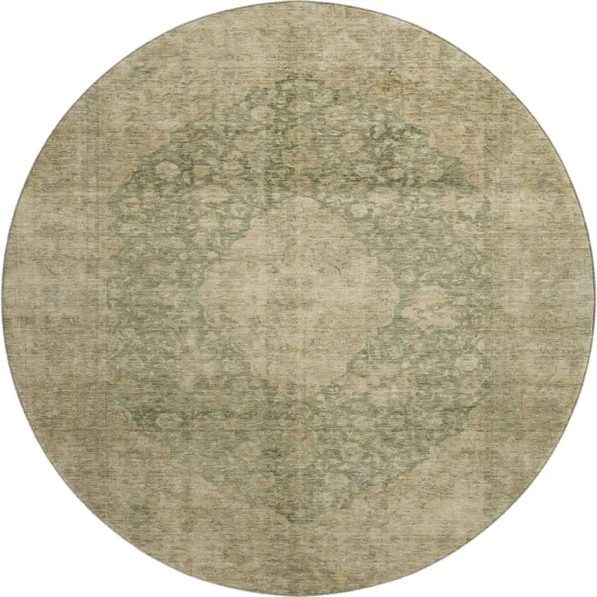 8' Artichoke Green Beige And Tan Medallion Washable Round Rug With UV Protection Photo 1