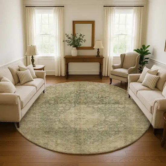 8' Artichoke Green Beige And Tan Medallion Washable Round Rug With UV Protection Photo 4