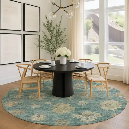 8' Artichoke Green Beige And Tan Round Floral Washable Indoor Outdoor Area Rug Photo 9