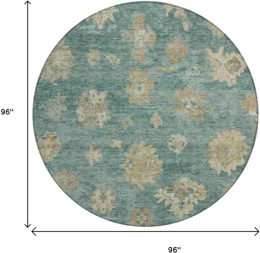 8' Artichoke Green Beige And Tan Round Floral Washable Indoor Outdoor Area Rug Photo 3