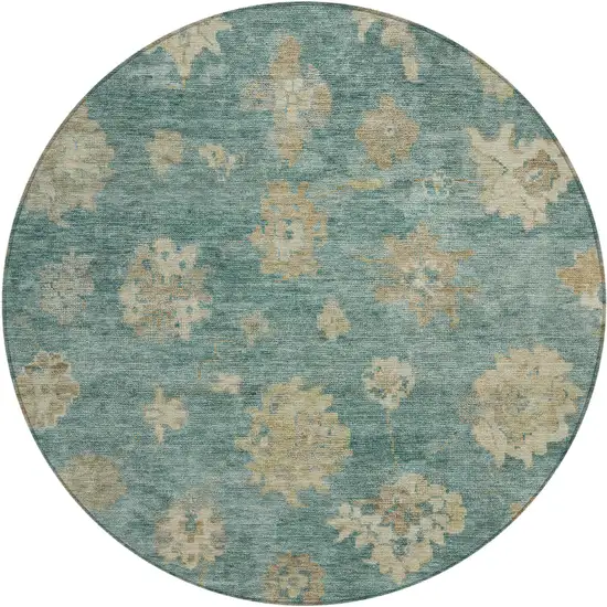 8' Artichoke Green Beige And Tan Round Floral Washable Indoor Outdoor Area Rug Photo 2