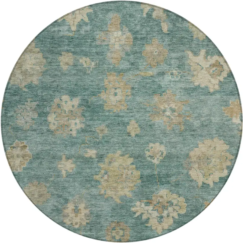 8' Artichoke Green Beige And Tan Round Floral Washable Indoor Outdoor Area Rug Photo 2