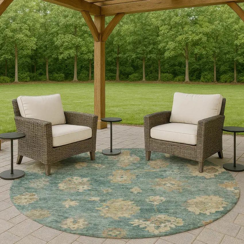 8' Artichoke Green Beige And Tan Round Floral Washable Indoor Outdoor Area Rug Photo 8