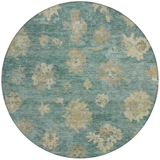 8' Artichoke Green Beige And Tan Round Floral Washable Indoor Outdoor Area Rug Photo 4