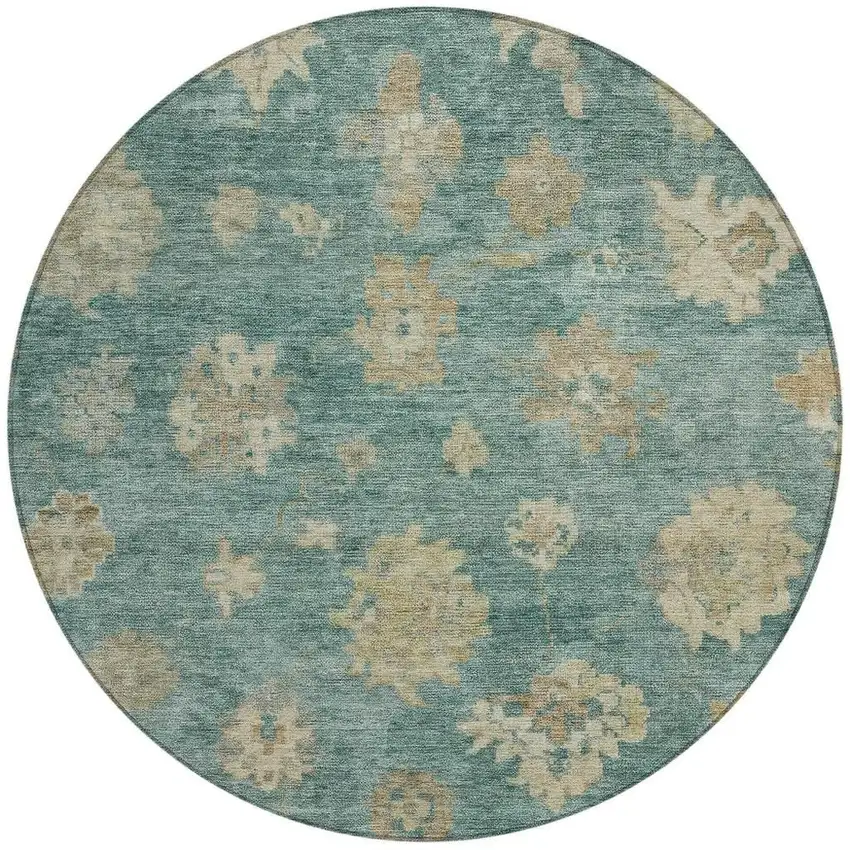 8' Artichoke Green Beige And Tan Round Floral Washable Indoor Outdoor Area Rug Photo 4