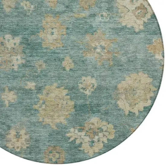 8' Artichoke Green Beige And Tan Round Floral Washable Indoor Outdoor Area Rug Photo 7