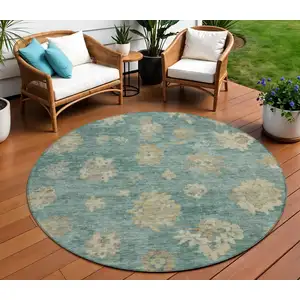 Photo of 8' Artichoke Green Beige And Tan Round Floral Washable Indoor Outdoor Area Rug