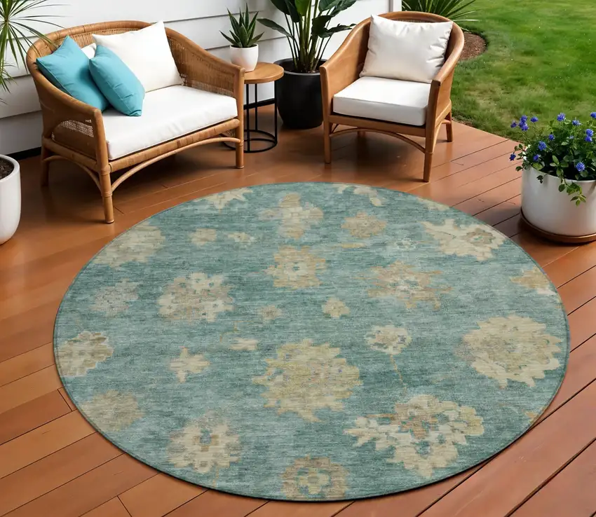 8' Artichoke Green Beige And Tan Round Floral Washable Indoor Outdoor Area Rug Photo 1