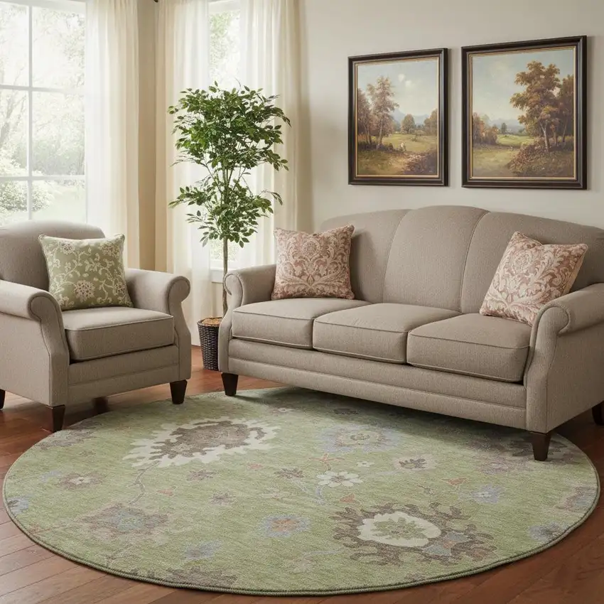 8' Artichoke Green Beige And Taupe Floral Medallion Washable Round Rug With UV Protection Photo 1