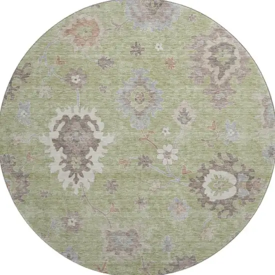 8' Artichoke Green Beige And Taupe Floral Medallion Washable Round Rug With UV Protection Photo 3