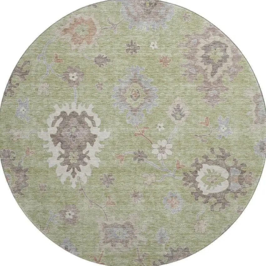 8' Artichoke Green Beige And Taupe Floral Medallion Washable Round Rug With UV Protection Photo 3