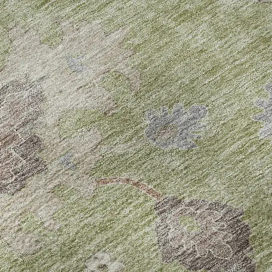 8' Artichoke Green Beige And Taupe Floral Medallion Washable Round Rug With UV Protection Photo 8