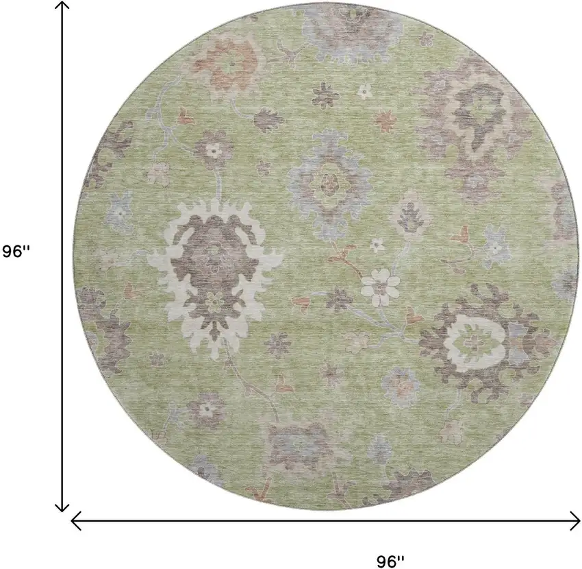 8' Artichoke Green Beige And Taupe Floral Medallion Washable Round Rug With UV Protection Photo 9