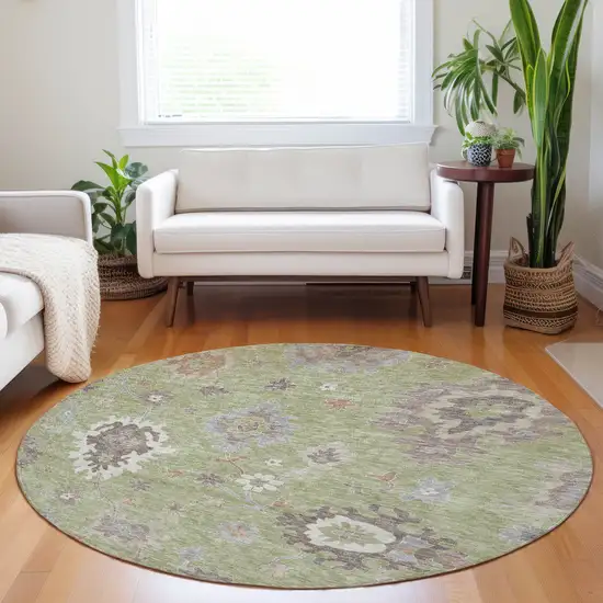 8' Artichoke Green Beige And Taupe Floral Medallion Washable Round Rug With UV Protection Photo 4