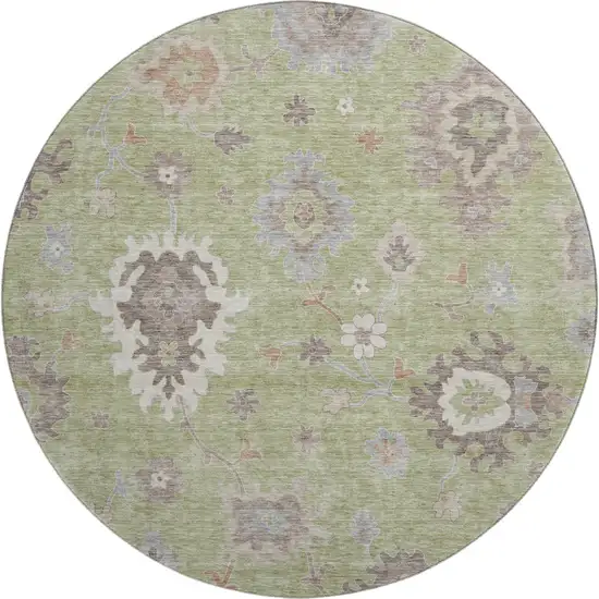 8' Artichoke Green Beige And Taupe Floral Medallion Washable Round Rug With UV Protection Photo 1