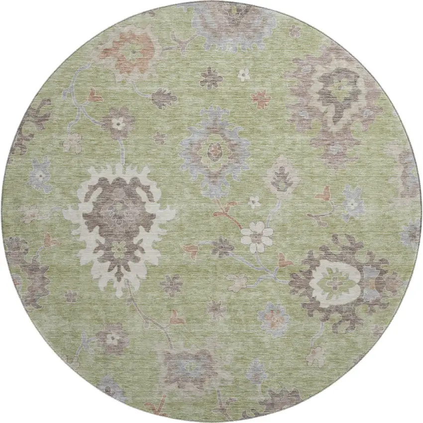 8' Artichoke Green Beige And Taupe Floral Medallion Washable Round Rug With UV Protection Photo 1