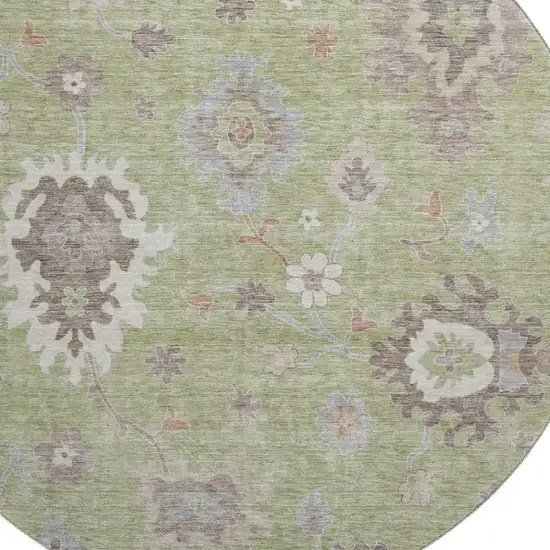 8' Artichoke Green Beige And Taupe Floral Medallion Washable Round Rug With UV Protection Photo 2