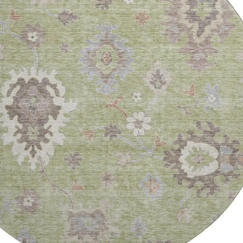 8' Artichoke Green Beige And Taupe Floral Medallion Washable Round Rug With UV Protection Photo 2