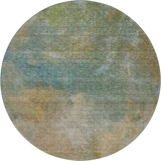 8' Artichoke Green Beige And Teal Abstract Washable Round Rug With UV Protection Photo 1