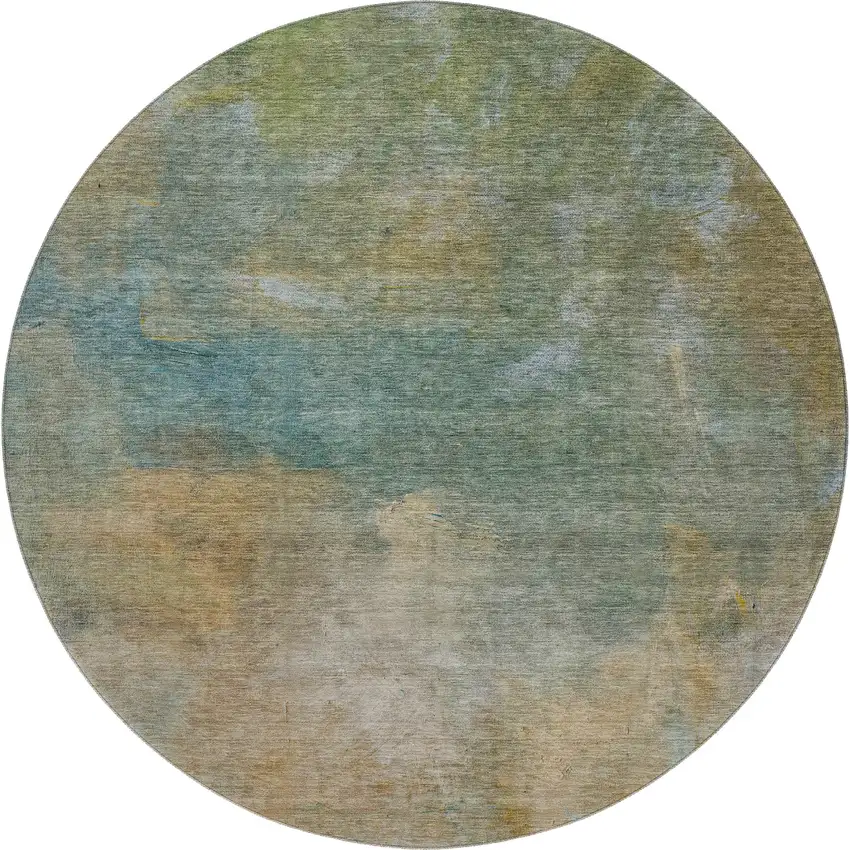 8' Artichoke Green Beige And Teal Abstract Washable Round Rug With UV Protection Photo 1