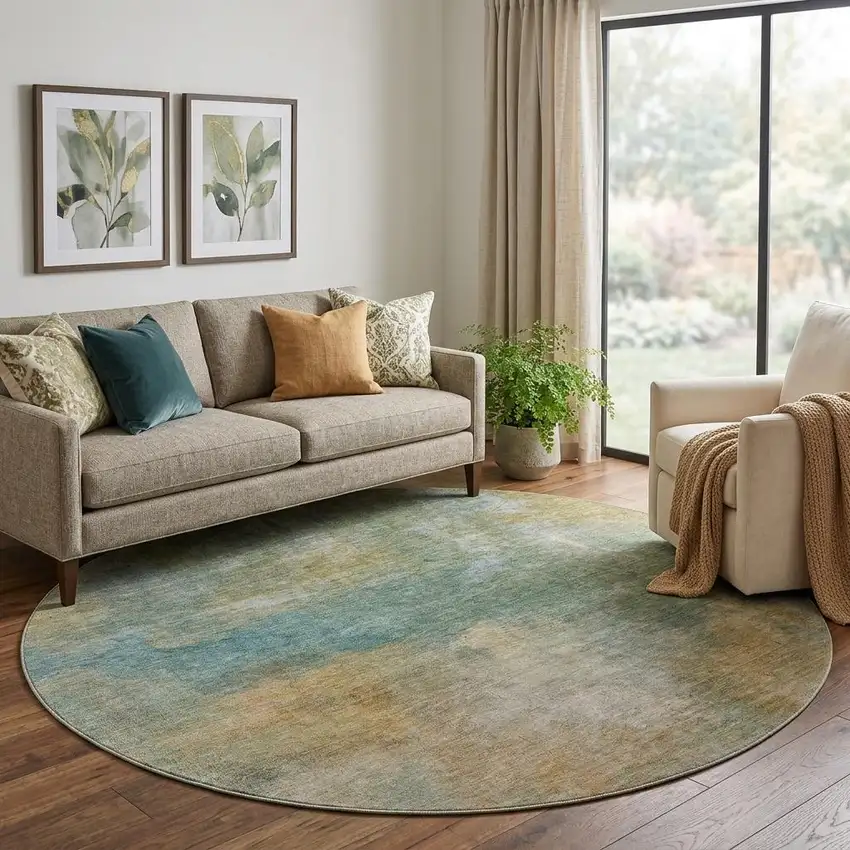 8' Artichoke Green Beige And Teal Abstract Washable Round Rug With UV Protection Photo 1