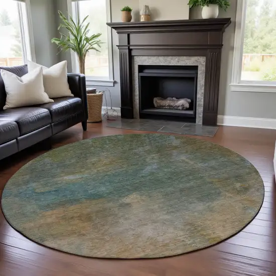 8' Artichoke Green Beige And Teal Abstract Washable Round Rug With UV Protection Photo 4