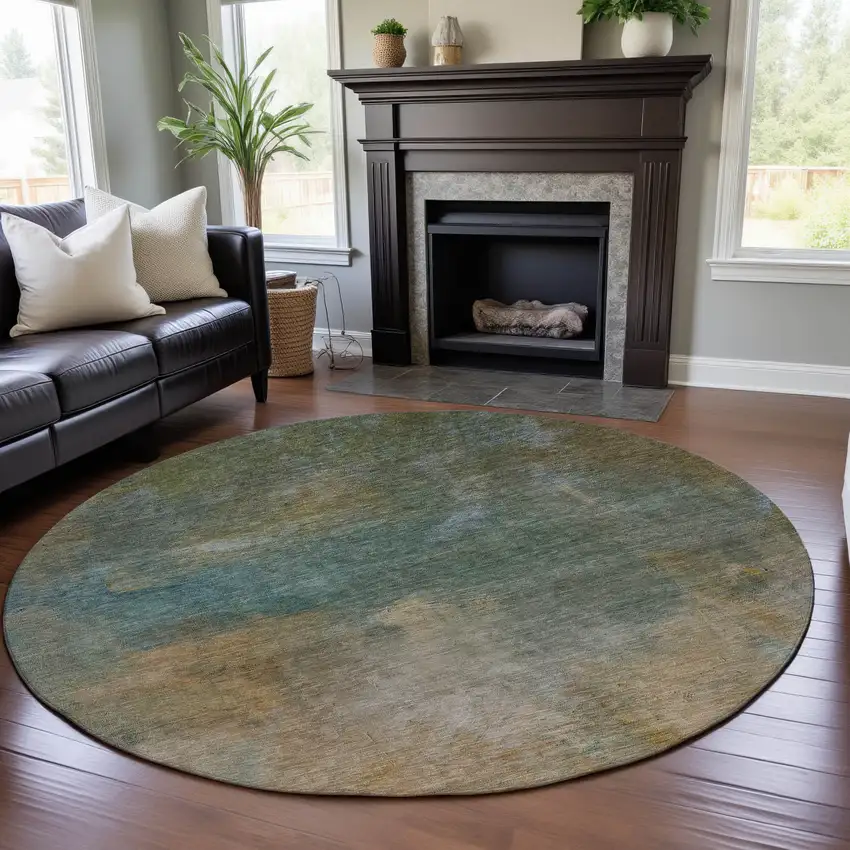 8' Artichoke Green Beige And Teal Abstract Washable Round Rug With UV Protection Photo 4