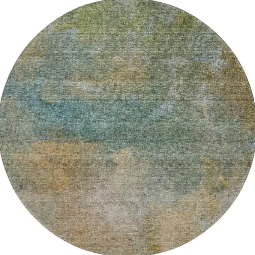 8' Artichoke Green Beige And Teal Abstract Washable Round Rug With UV Protection Photo 4