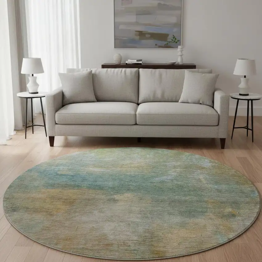 8' Artichoke Green Beige And Teal Abstract Washable Round Rug With UV Protection Photo 2