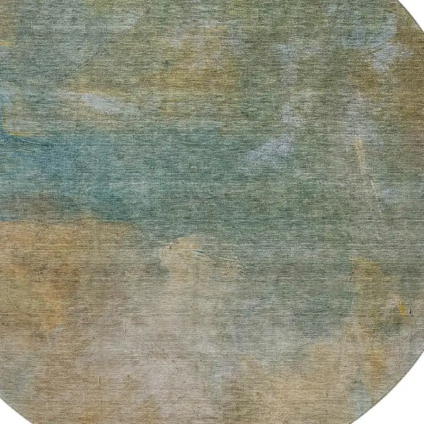 8' Artichoke Green Beige And Teal Abstract Washable Round Rug With UV Protection Photo 3