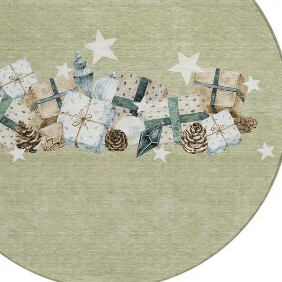 8' Artichoke Green Beige Ivory And Taupe Round Geometric Washable Indoor Outdoor Area Rug Photo 4