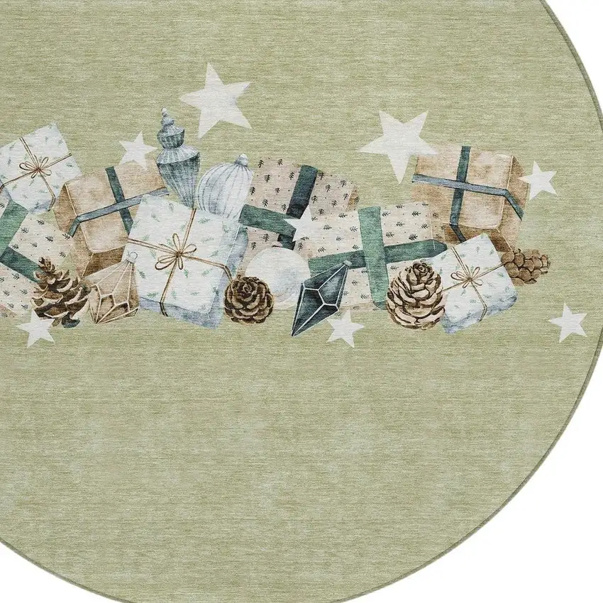 8' Artichoke Green Beige Ivory And Taupe Round Geometric Washable Indoor Outdoor Area Rug Photo 4