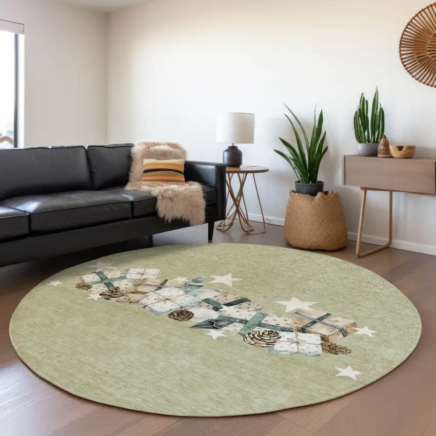 8' Artichoke Green Beige Ivory And Taupe Round Geometric Washable Indoor Outdoor Area Rug Photo 6