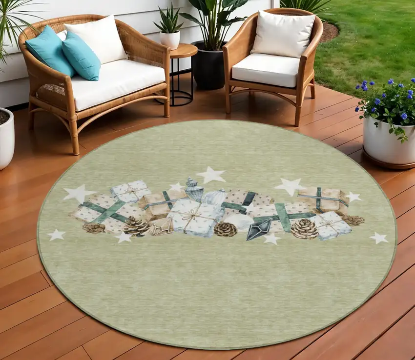 8' Artichoke Green Beige Ivory And Taupe Round Geometric Washable Indoor Outdoor Area Rug Photo 2