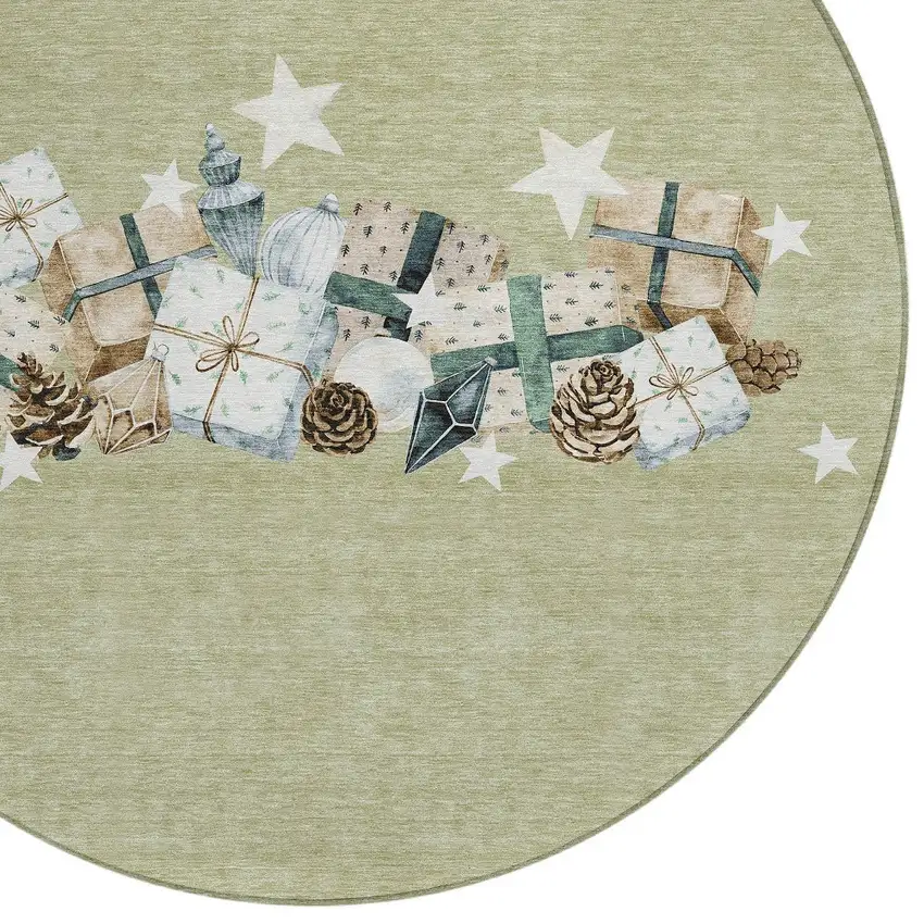 8' Artichoke Green Beige Ivory And Taupe Round Presents Washable Indoor Outdoor Area Rug Photo 7