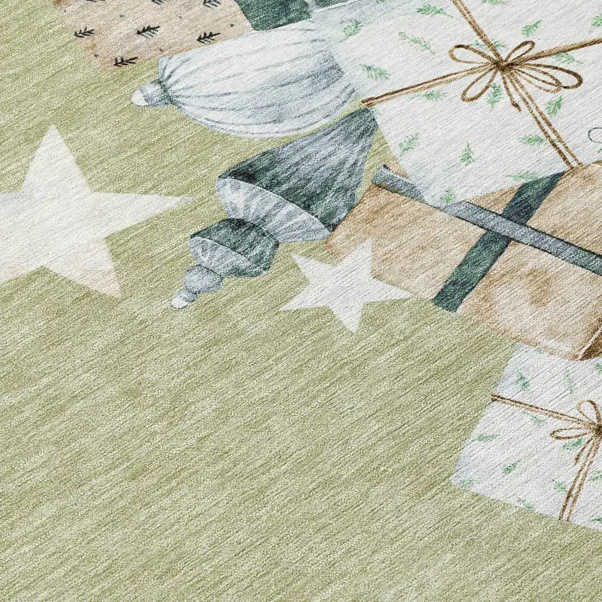 8' Artichoke Green Beige Ivory And Taupe Round Geometric Washable Indoor Outdoor Area Rug Photo 9