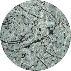 Photo of 8' Artichoke Green Black And Ivory Round Abstract Washable Indoor Outdoor Area Rug