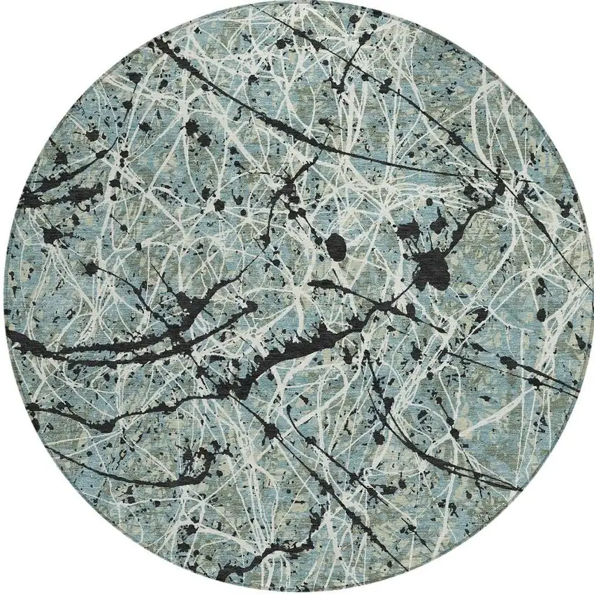 8' Artichoke Green Black And Ivory Round Abstract Washable Indoor Outdoor Area Rug Photo 3