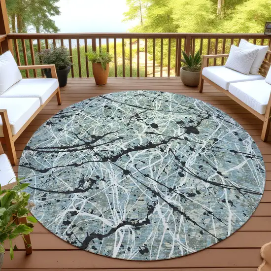 8' Artichoke Green Black And Ivory Round Abstract Washable Indoor Outdoor Area Rug Photo 4