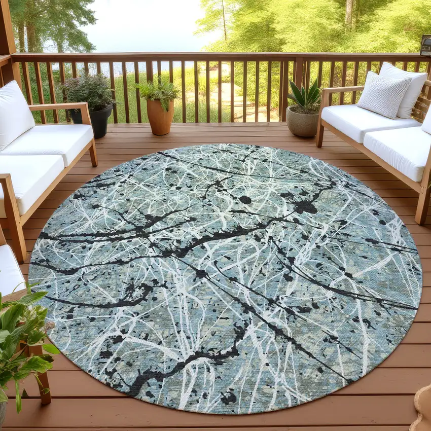 8' Artichoke Green Black And Ivory Round Abstract Washable Indoor Outdoor Area Rug Photo 4