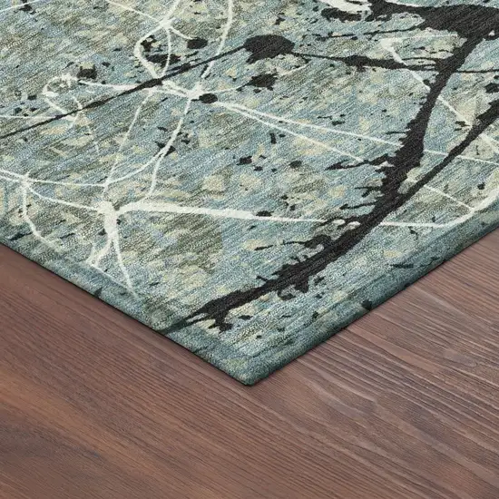 8' Artichoke Green Black And Ivory Round Abstract Washable Indoor Outdoor Area Rug Photo 8