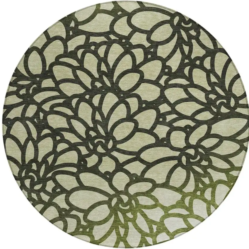 8' Artichoke Green Black And Ivory Round Botanical Leaves Washable Indoor Outdoor Area Rug Photo 3